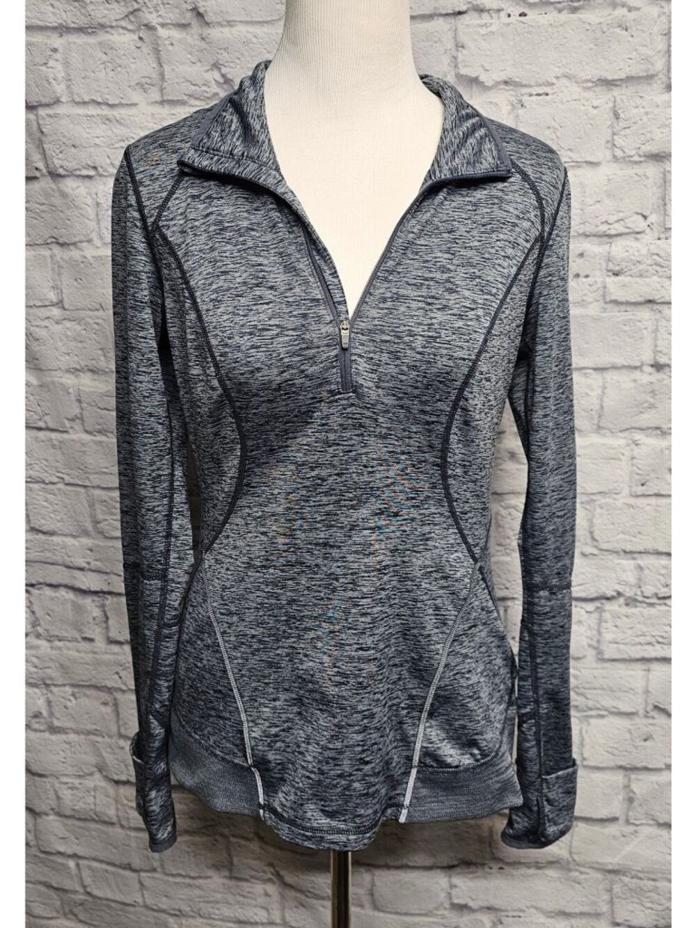 ZELLA M COLLARED 1/4 ZIP QUICK DRY L/S STRETCH WORKOUT RUN MARLED GRAY TOP TEE